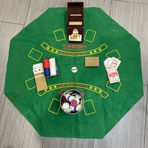 Poker Set with Green Mat, Poker Chips, Playing Cards, and Wooden Card Shuffler.